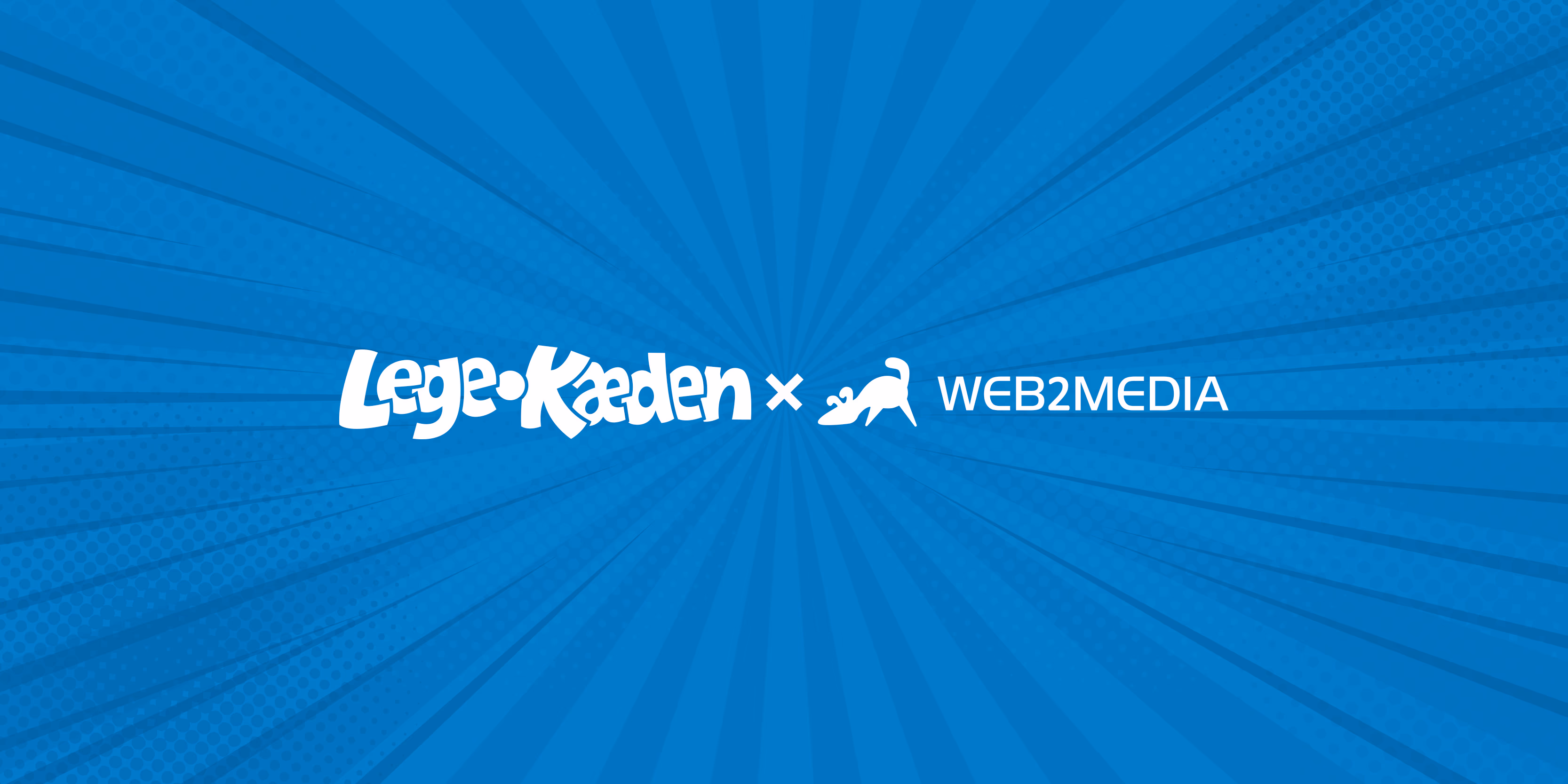 A comic style striped background with Legekæden and Web2Media's logos overlaid.